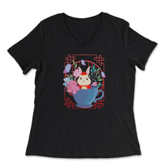 Chinese New Year Rabbit 2023 Rabbit in a Teacup Chinese print - Women's V-Neck Tee - Black