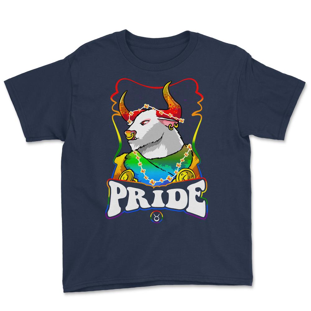 Gay Zodiac LGBTQ Zodiac Sign Taurus Rainbow Pride print Youth Tee - Navy