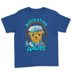 Yorkshire Sailor Navigating the Waves Yorkie Puppy print Youth Tee - Royal Blue