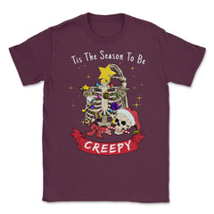Tis the Reason to be Creepy Funny Christmas Skeleton Tree graphic - Maroon