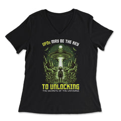 Alien Design UFO Ship - Unlocking Secrets Of The Universe print - Women's V-Neck Tee - Black