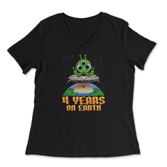 Science Birthday Alien UFO & Earth Science 4th Birthday product - Women's V-Neck Tee - Black