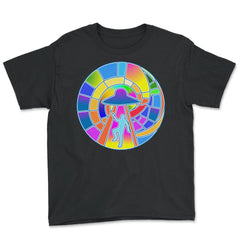 Stained Glass Art UFO Abduction Colorful Glasswork Design print - Youth Tee - Black