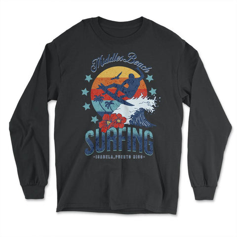 Middles Beach Surfing for Men Retro 70s Vintage Sunset Surf print - Long Sleeve T-Shirt - Black
