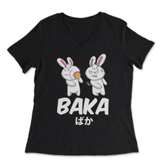 Baka Anime Funny Rabbit Slapping another Rabbit Gift graphic - Women's V-Neck Tee - Black