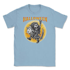 Death Reaper on a Toy Unicorn Funny Halloween Unisex T-Shirt - Light Blue