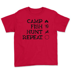 Funny Camp Fish Hunt Repeat Camping Fishing Hunting Gag graphic Youth - Red