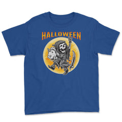Death Reaper on a Toy Unicorn Funny Halloween Youth Tee - Royal Blue