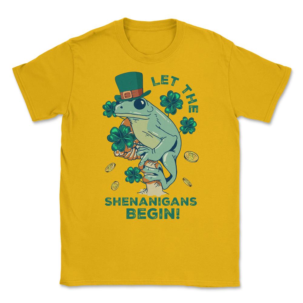 Let the Shenanigans Begin! Cottagecore Frog St Patrick Humor design - Gold