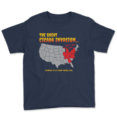 Cicada Invasion Coming to These States in US Map Funny print Youth Tee - Navy