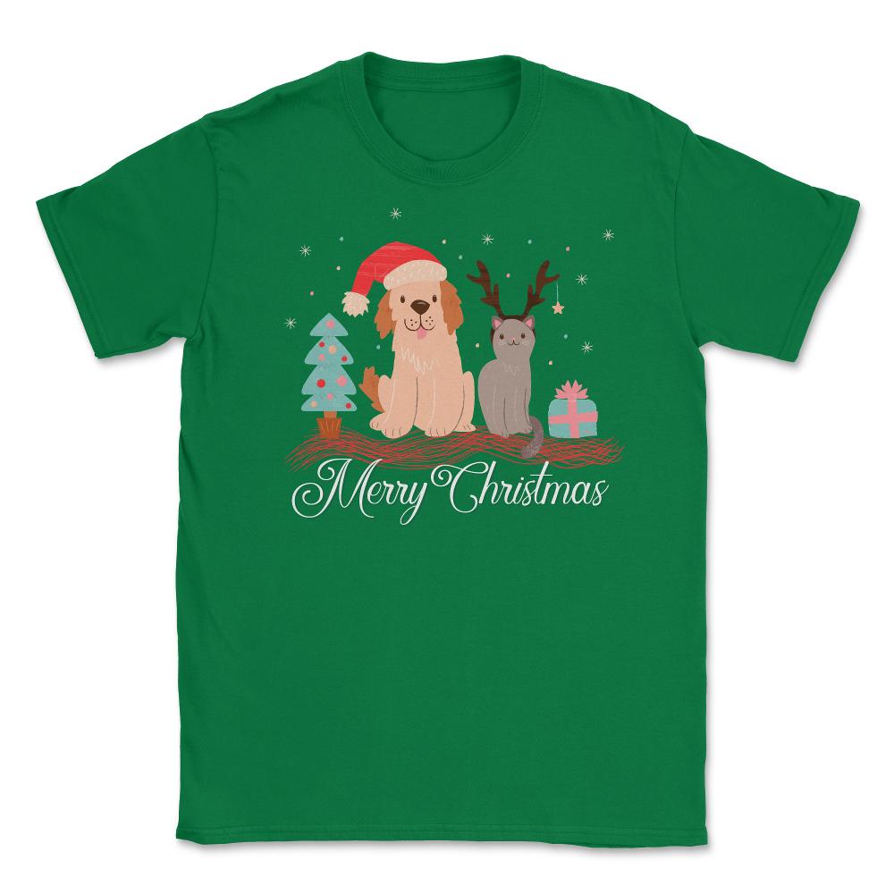 Merry Christmas Dog & Cat Funny T-Shirt Tee Gift Unisex T-Shirt - Green