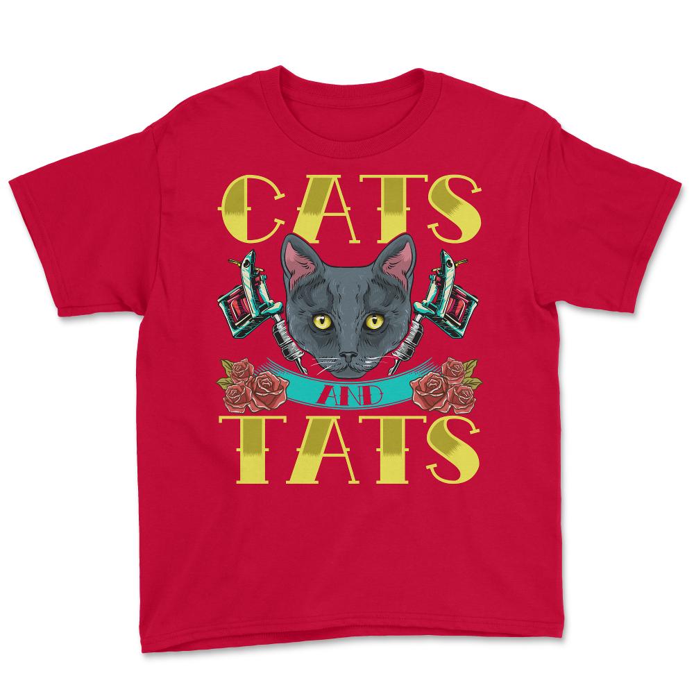 Cats and Tats Vintage Old Style Tattoo design print Youth Tee - Red