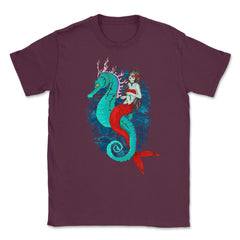 Day of Dead Mermaid on Seahorse Halloween Sugar Skull  Unisex T-Shirt - Maroon