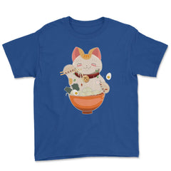 Cat eating Ramen Cute Kitten Eating Noodles Gift graphic Youth Tee - Royal Blue