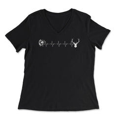 Funny Fish Deer EKG Heartbeat Fishing And Hunting Lover design - Women's V-Neck Tee - Black