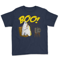 Boo! Ghost Watching TV, Drinking & Eating a Hamburger Funny graphic - Navy