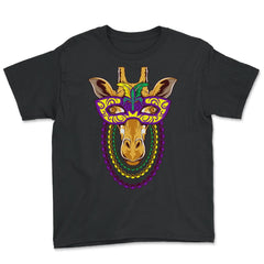 Mardi Gras Giraffe with beads & mask Funny Gift print Youth Tee - Black