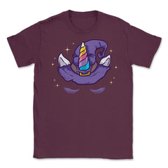 Unicorn Face with Long Lashes Witch Hat Characters Unisex T-Shirt - Maroon