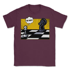 Funny Scared White Pawn Looking at Knight On Chessboard product - Maroon