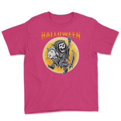 Death Reaper on a Toy Unicorn Funny Halloween Youth Tee - Heliconia