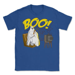Boo! Ghost Watching TV, Drinking & Eating a Hamburger Funny graphic - Royal Blue