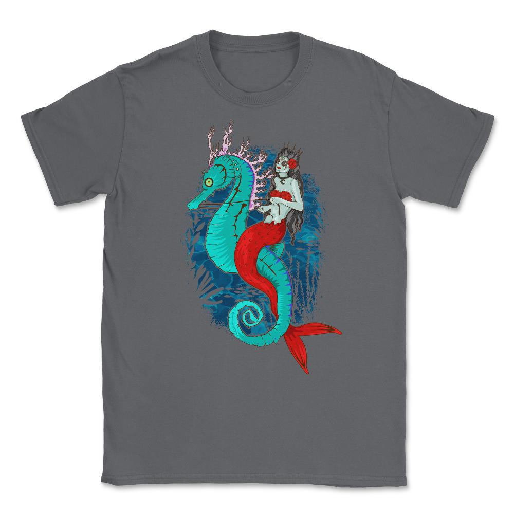 Day of Dead Mermaid on Seahorse Halloween Sugar Skull  Unisex T-Shirt - Smoke Grey