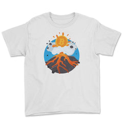 Funny Bitcoin Symbol flying out of a Volcano for Crypto Fans design - White