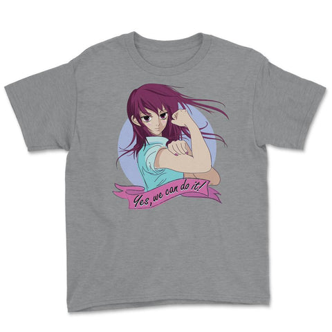 Yes we can do it! Anime Feminist Girl Youth Tee - Grey Heather