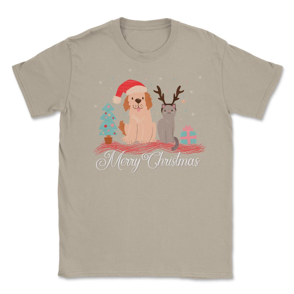 Merry Christmas Dog & Cat Funny T-Shirt Tee Gift Unisex T-Shirt - Cream