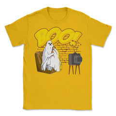 Boo! Ghost Watching TV, Drinking & Eating a Hamburger Funny graphic - Gold