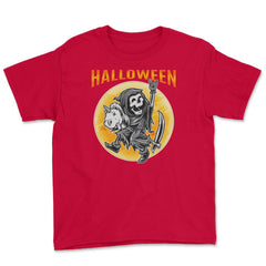 Death Reaper on a Toy Unicorn Funny Halloween Youth Tee - Red