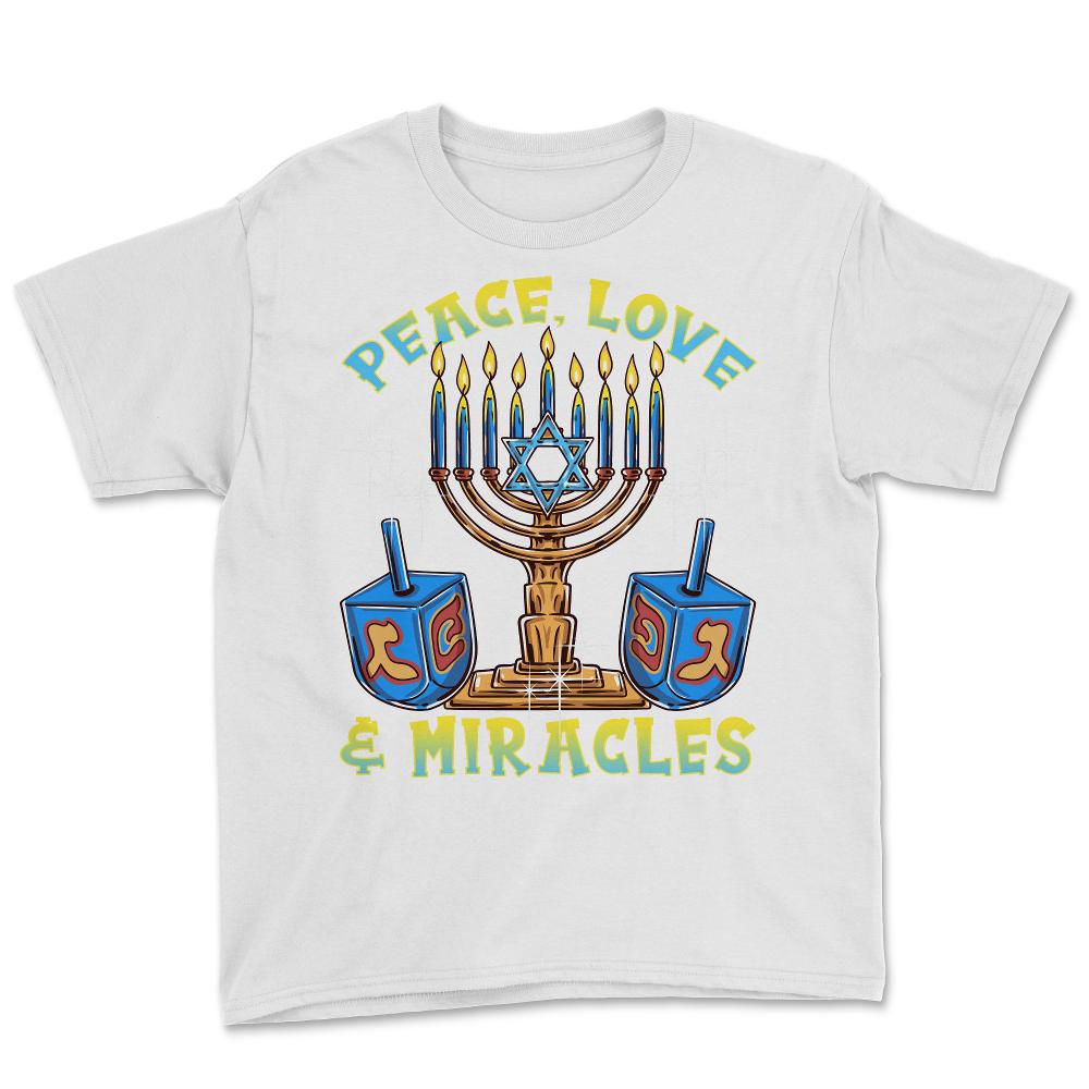 Peace, Love & Miracles Jewish Menorah & Dreidel product Youth Tee - White
