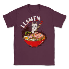 Ramen Bowl & Llama with Chopsticks Gift  design Unisex T-Shirt - Maroon
