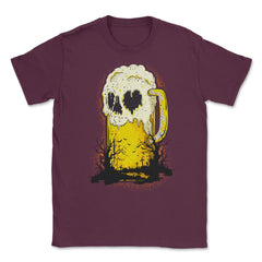 Halloween Beer Mug Skull Spooky Cemetery Humor Unisex T-Shirt - Maroon
