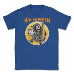 Death Reaper on a Toy Unicorn Funny Halloween Unisex T-Shirt - Royal Blue