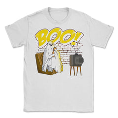 Boo! Ghost Watching TV, Drinking & Eating a Hamburger Funny graphic - White