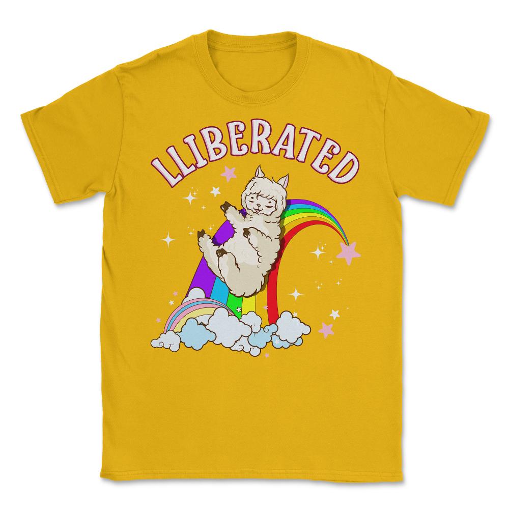 Rainbow Llama Gay Pride Funny Gift print Unisex T-Shirt - Gold