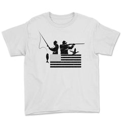 Fishing And Hunting USA Flag Patriotic Fisherman Hunter design Youth - White