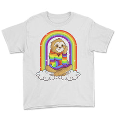 Gay Pride Rainbow Sloth Sitting on Clouds Pride Funny Gift design - White