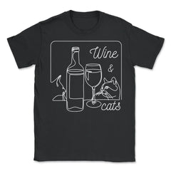 Wine and Cats Outline Artistic Design Gift print - Unisex T-Shirt - Black
