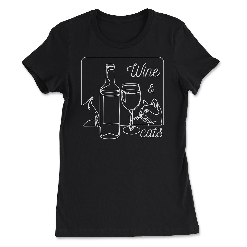 Wine and Cats Outline Artistic Design Gift print - Women's Tee - Black
