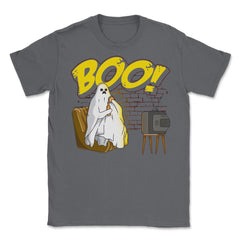 Boo! Ghost Watching TV, Drinking & Eating a Hamburger Funny graphic - Smoke Grey