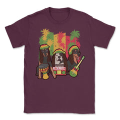 Reggae Music Dogs with Instruments and Rasta Hats Design graphic - Maroon