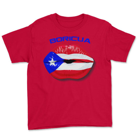 Boricua Kiss Puerto Rico Flag Lips Design graphic Youth Tee - Red