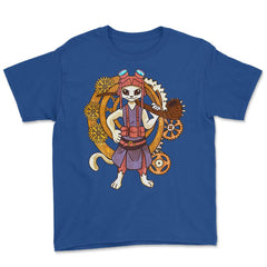 Steampunk Anime Cat Victorian Futurism for Women & Men print Youth Tee - Royal Blue