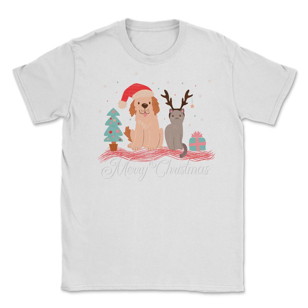Merry Christmas Dog & Cat Funny T-Shirt Tee Gift Unisex T-Shirt - White