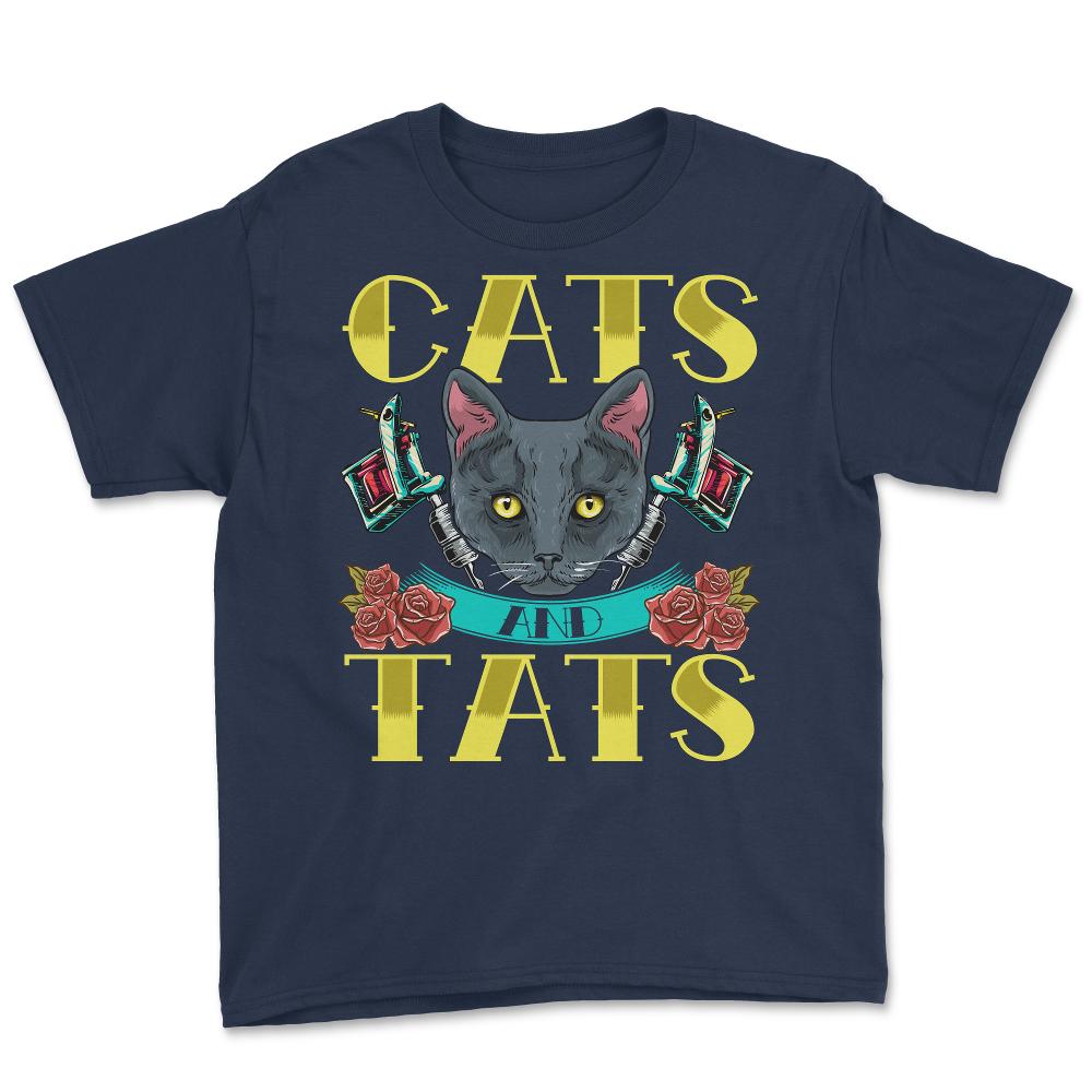 Cats and Tats Vintage Old Style Tattoo design print Youth Tee - Navy