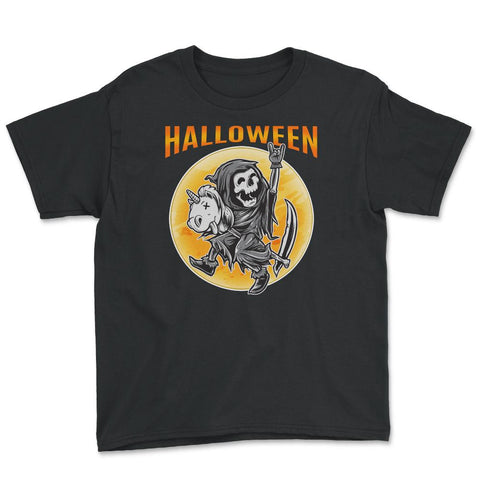 Death Reaper on a Toy Unicorn Funny Halloween Youth Tee - Black