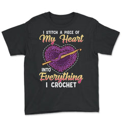 Crochet Heart Theme Meme for Crocheting Lovers print - Youth Tee - Black