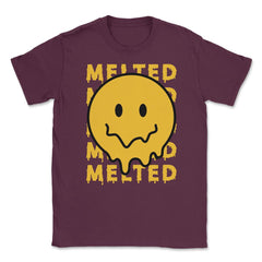 Melting Smiley Face Psychedelic Drip Emoticon design Unisex T-Shirt - Maroon
